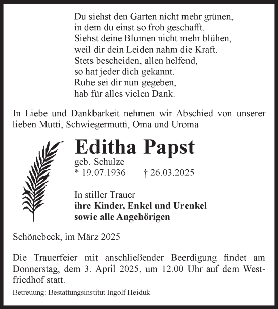 Traueranzeige von Editha Papst von Volksstimme Schönebeck