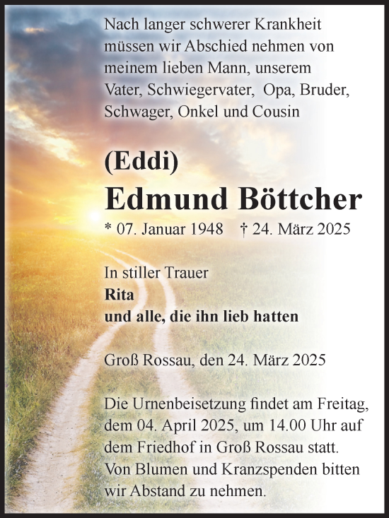 Traueranzeige von Edmund Böttcher von Volksstimme Altmark Ost