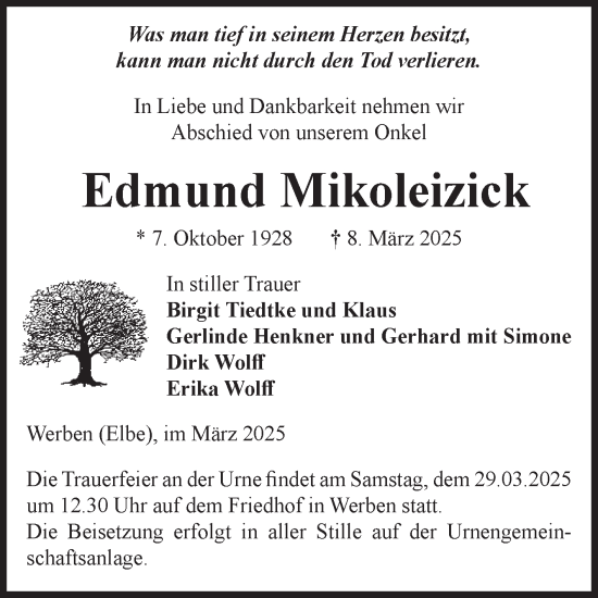 Traueranzeige von Edmund Mikoleizick von Volksstimme Altmark Ost