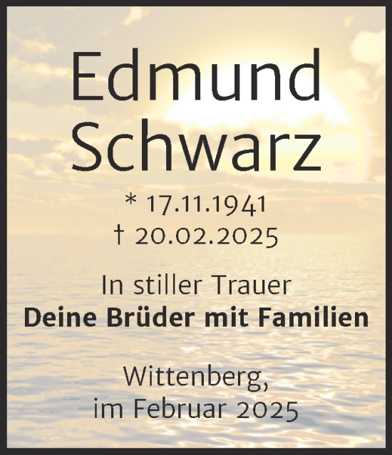 Traueranzeige von Edmund Schwarz von Trauerkombi Wittenberg