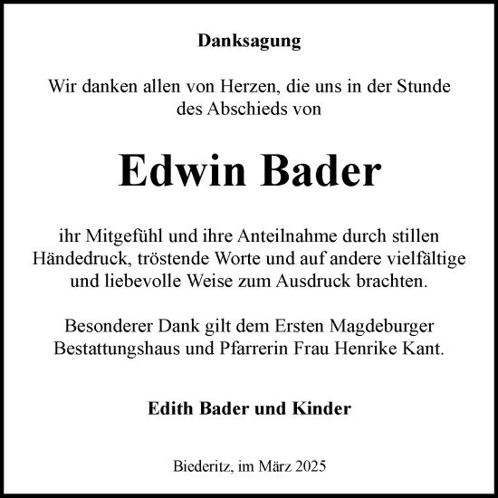 Traueranzeige von Edwin Bader von Volksstimme Burg/Genthin