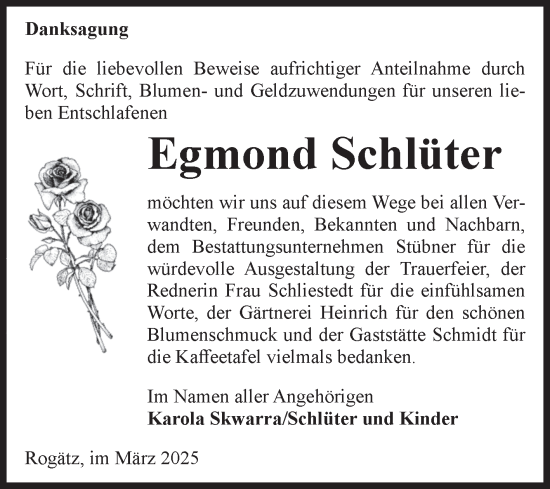 Traueranzeige von Egmond Schlüter von Volksstimme Haldensleben/Wolmirstedt