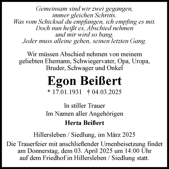 Traueranzeige von Egon Beißert von Volksstimme Haldensleben/Wolmirstedt