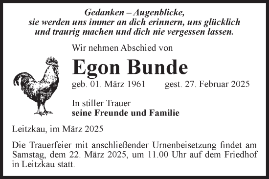 Traueranzeige von Egon Bunde von Volksstimme Burg/Genthin