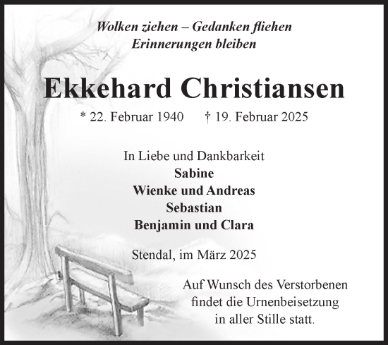 Traueranzeige von Ekkehard Christiansen von Volksstimme Altmark Ost