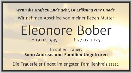 Traueranzeige von Eleonore Bober von Mitteldeutsche Zeitung Halle/Saalkreis