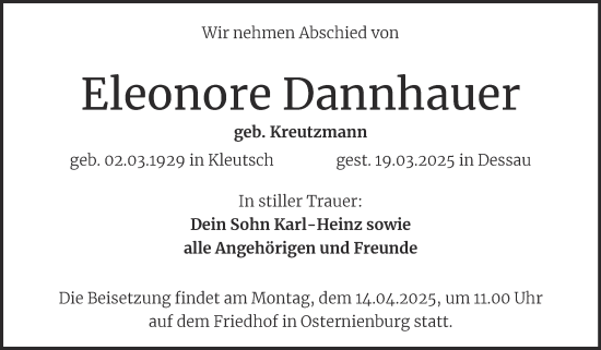 Traueranzeige von Eleonore Dannhauer von Trauerkombi Köthen