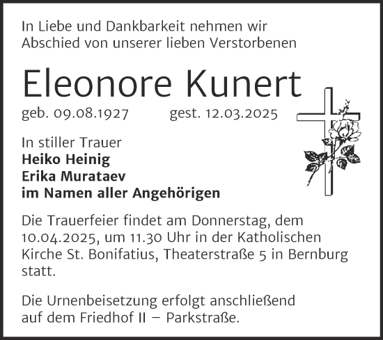 Traueranzeige von Eleonore Kunert von Trauerkombi Bernburg
