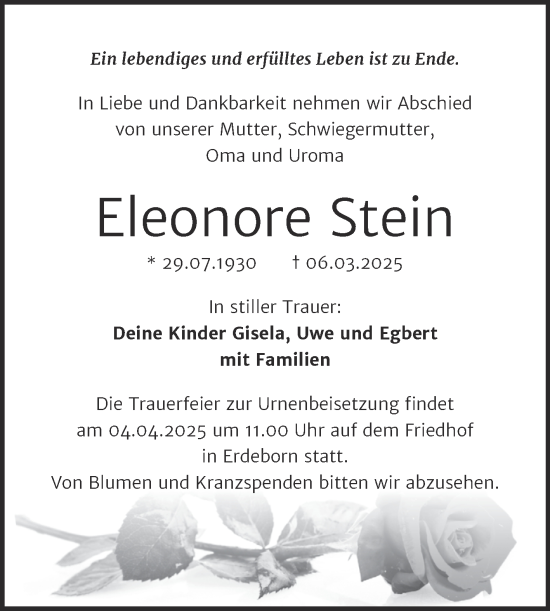 Traueranzeige von Eleonore Stein von Trauerkombi Mansfelder Land