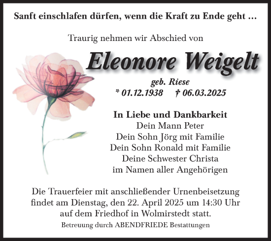 Traueranzeige von Eleonore Weigelt von Volksstimme Haldensleben/Wolmirstedt