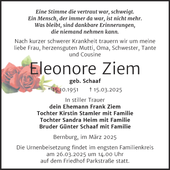 Traueranzeige von Eleonore Ziem von Trauerkombi Bernburg