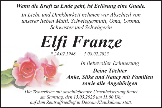 Traueranzeige von Elfi Franze von Trauerkombi Dessau