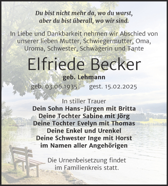 Traueranzeige von Elfriede Becker von Trauerkombi Wittenberg