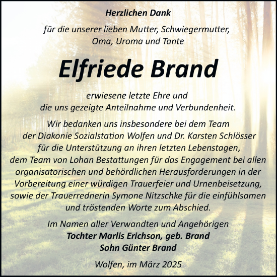 Traueranzeige von Elfriede Brand von Trauerkombi Bitterfeld