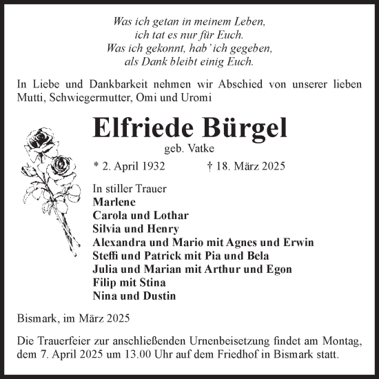 Traueranzeige von Elfriede Bürgel von Volksstimme Altmark Ost