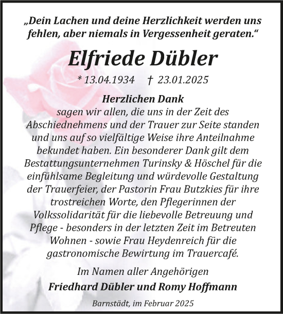 Traueranzeige von Elfriede Dübler von Trauerkombi Merseburg