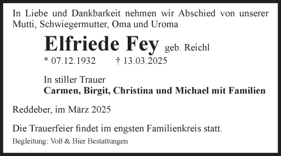 Traueranzeige von Elfriede Fey von Volksstimme Wernigerode