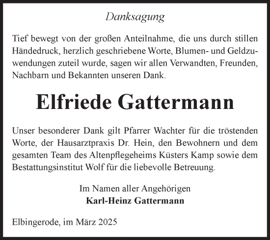 Traueranzeige von Elfriede Gattermann von Volksstimme Wernigerode