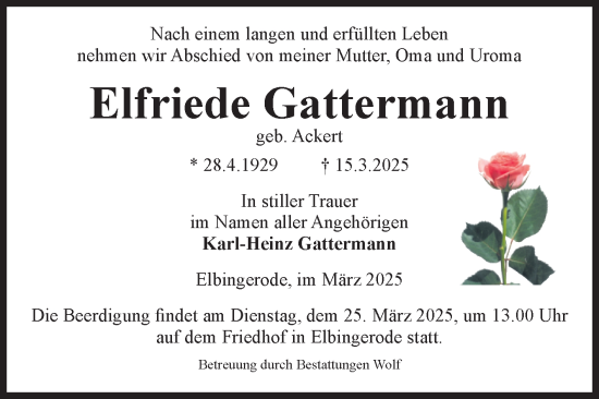 Traueranzeige von Elfriede Gattermann von Volksstimme Wernigerode