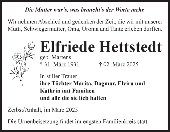 Traueranzeige von Elfriede Hettstedt von Volksstimme Zerbst