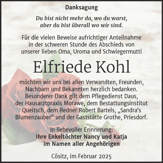 Traueranzeige von Elfriede Kohl von Trauerkombi Köthen