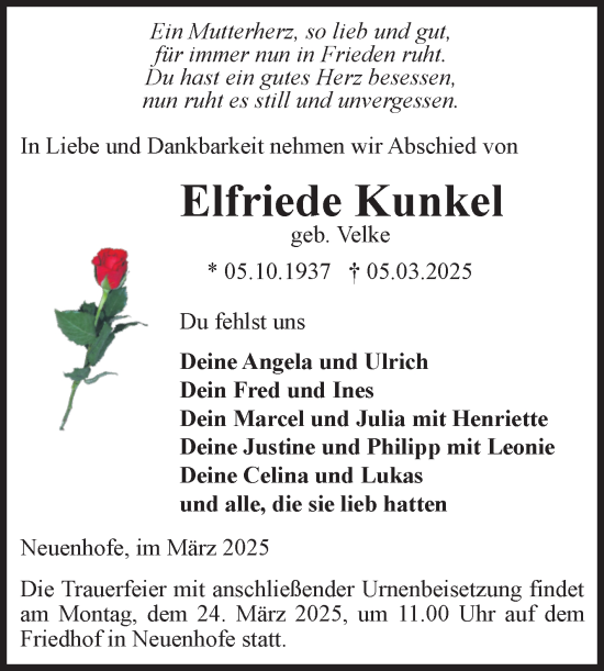 Traueranzeige von Elfriede Kunkel von Volksstimme Haldensleben/Wolmirstedt