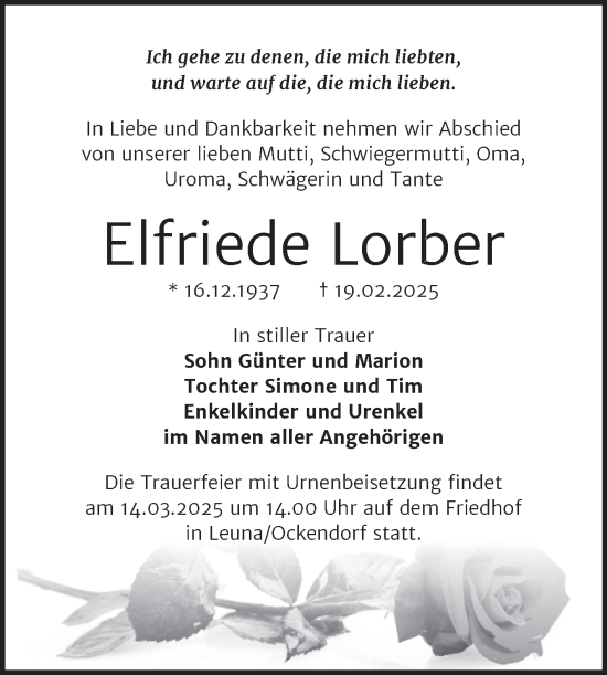 Traueranzeige von Elfriede Lorber von Trauerkombi Merseburg