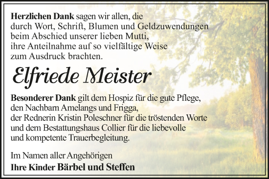 Traueranzeige von Elfriede Meister von Trauerkombi Dessau