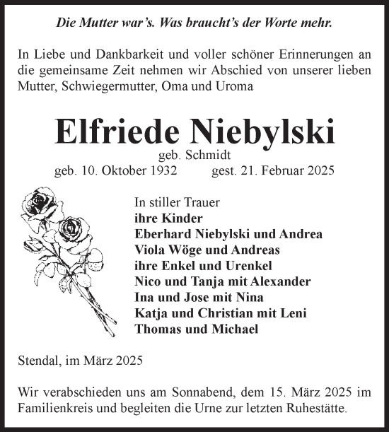 Traueranzeige von Elfriede Niebylski von Volksstimme Altmark Ost