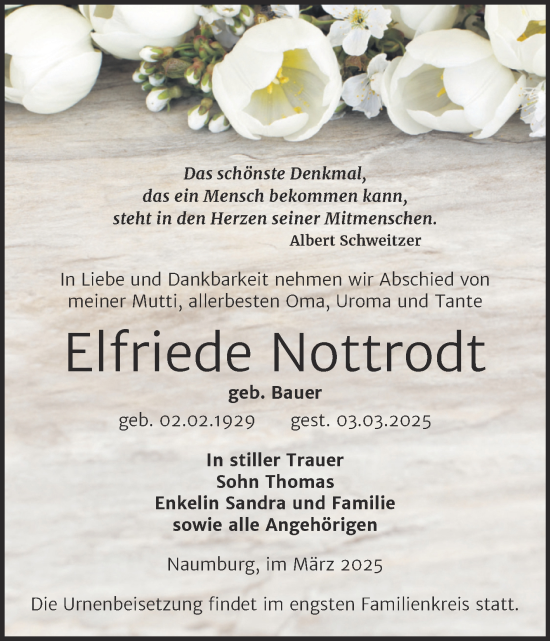 Traueranzeige von Elfriede Nottrodt von Trauerkombi Zeitz