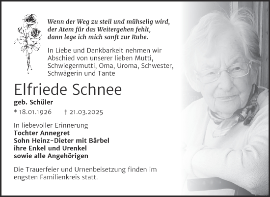 Traueranzeige von Elfriede Schnee von Trauerkombi Wittenberg
