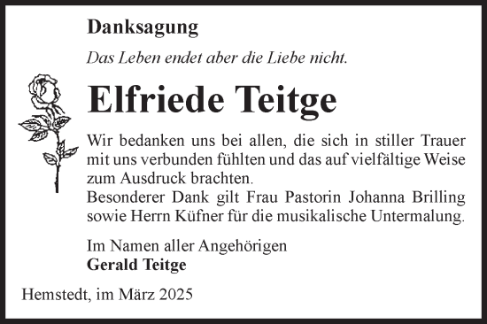 Traueranzeige von Elfriede Teitge von Volksstimme Altmark West
