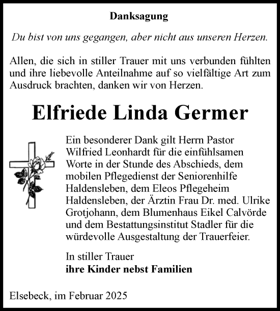 Traueranzeige von Elfriede Linda Germer von Volksstimme Haldensleben/Wolmirstedt