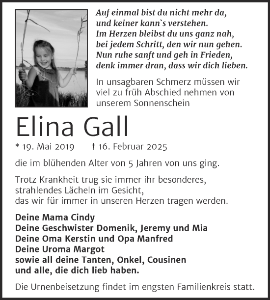 Traueranzeige von Elina Gall von Trauerkombi Wittenberg