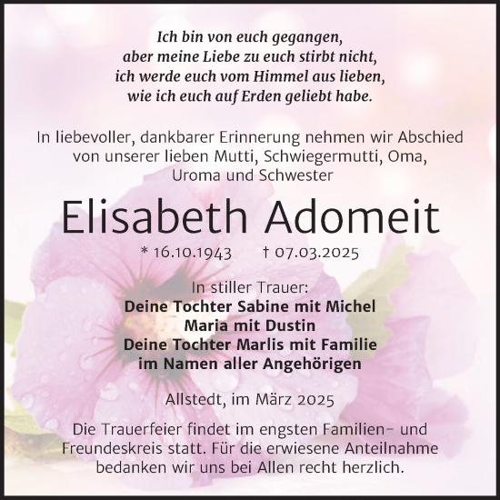 Traueranzeige von Elisabeth Adomeit von Trauerkombi Sangerhausen