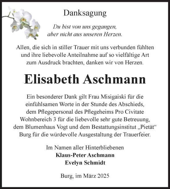 Traueranzeige von Elisabeth Aschmann von Volksstimme Burg/Genthin
