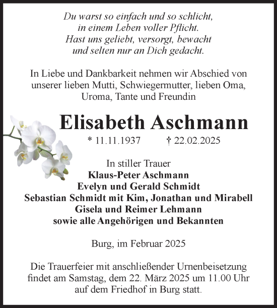 Traueranzeige von Elisabeth Aschmann von Volksstimme Burg/Genthin