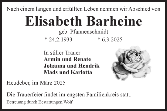 Traueranzeige von Elisabeth Barheine von Volksstimme Wernigerode