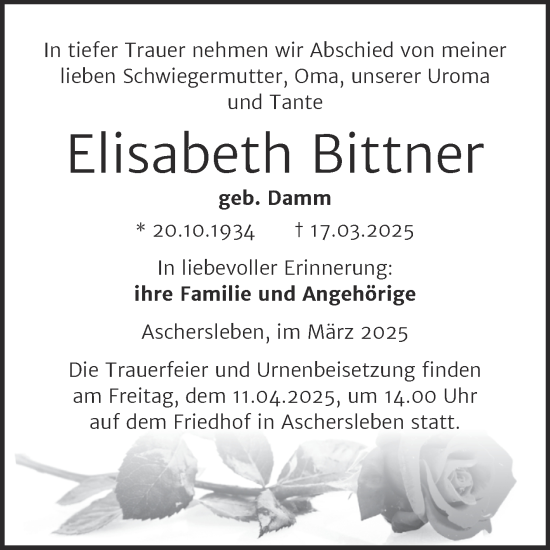 Traueranzeige von Elisabeth Bittner von Trauerkombi Aschersleben