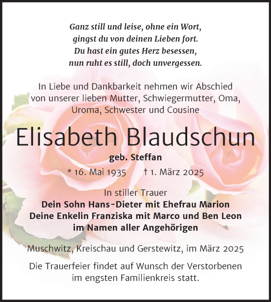 Traueranzeige von Elisabeth Blaudschun von Trauerkombi Weißenfels