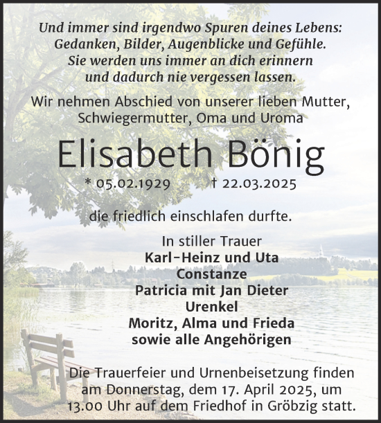 Traueranzeige von Elisabeth Bönig von Trauerkombi Köthen