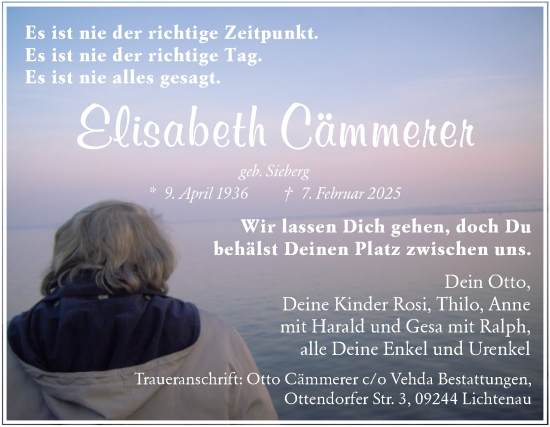 Traueranzeige von Elisabeth Cämmerer von Trauerkombi Bernburg