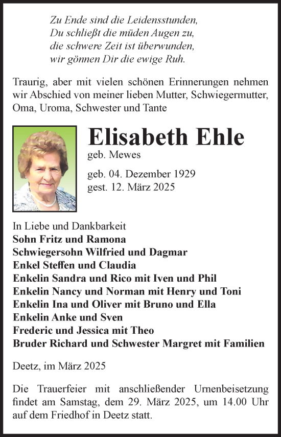 Traueranzeige von Elisabeth Ehle von Volksstimme Zerbst