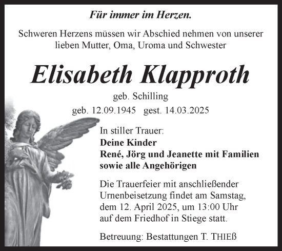 Traueranzeige von Elisabeth Klapproth von Volksstimme Wernigerode