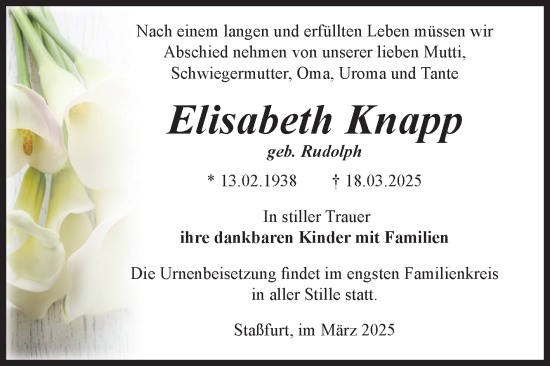 Traueranzeige von Elisabeth Knapp von Volksstimme Staßfurt