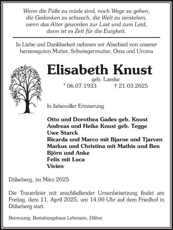 Traueranzeige von Elisabeth Knust von Volksstimme Altmark West