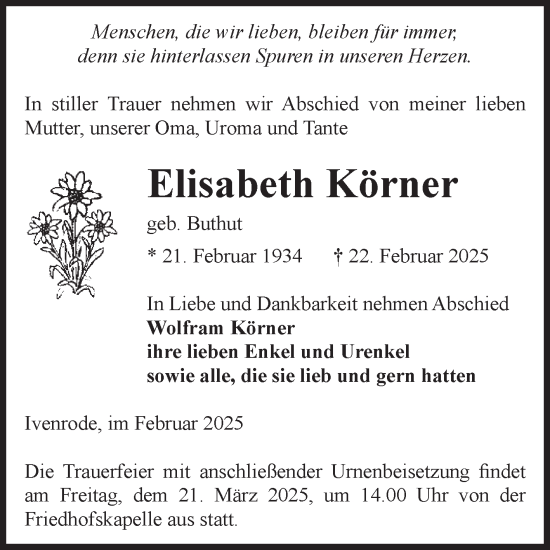 Traueranzeige von Elisabeth Körner von Volksstimme Haldensleben/Wolmirstedt