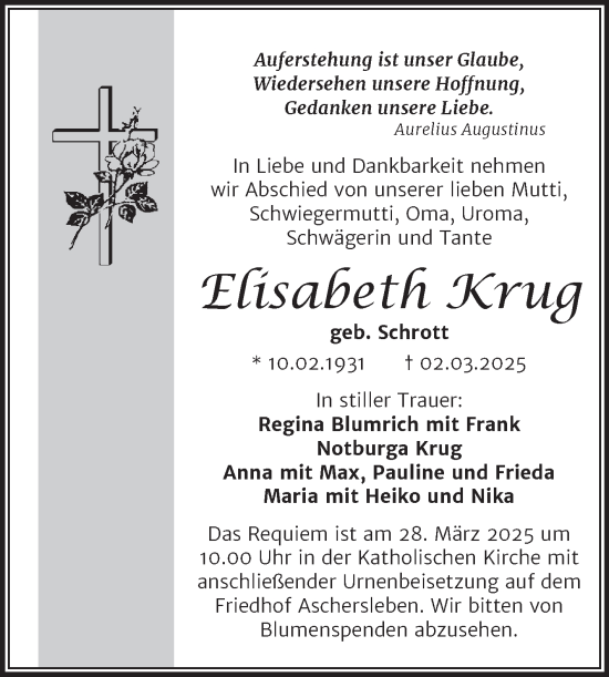Traueranzeige von Elisabeth Krug von Trauerkombi Aschersleben