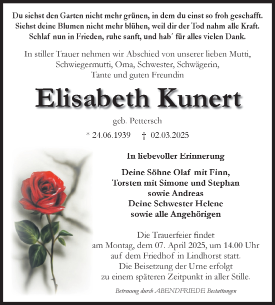 Traueranzeige von Elisabeth Kunert von Volksstimme Haldensleben/Wolmirstedt