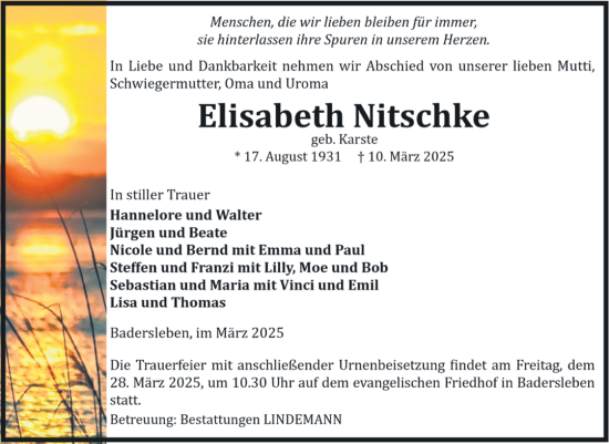 Traueranzeige von Elisabeth Nitschke von Volksstimme Halberstadt